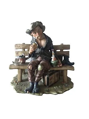 Buy CAPODIMONTE Figurine Of A Tramp Eating And Drinking Wine On A Bench • 9£
