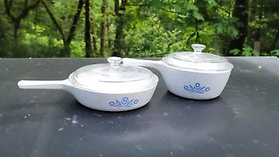 Buy Vintage Blue Cornflower Corning Ware Pyrex Handled Bowls With Lids • 61.42£