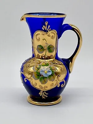Buy Czech Bohemian Cobalt Blue & Gold Gilt & Enamel Flowers Pitcher Vintage Glass • 24.07£