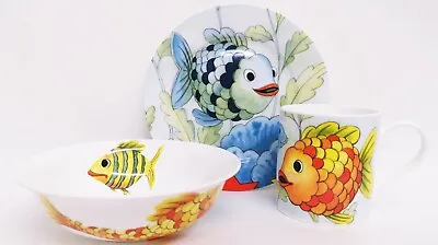 Buy Happy Fish Children Breakfast Set 3 Piece Fine Bone China Plate Mug Oatmeal Bowl • 21£