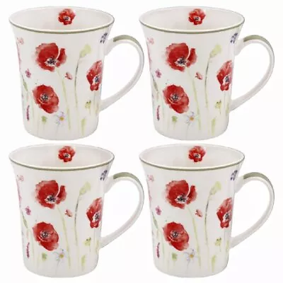 Buy Coffee Tea Mugs Set Of 4 Fine China Poppy Field Design Hot Beverage Drink Cups • 18.95£