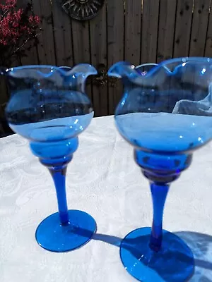 Buy Two Cobalt Blue Wine Glasses With Flower Lip Tops 18cms • 13.50£