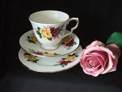 Buy Vintage Queen Anne , Bone China Trio Cup Saucer Plate Red & Yellow Roses Design • 4.49£