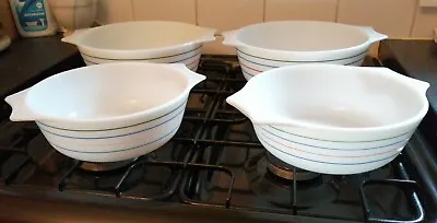 Buy Set Of 4 Vintage Pyrex Dishes In White Thin Coloured Stripes No Lids Rare Style • 26.99£