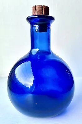 Buy Vintage Round Glass Cobalt Blue Apothecary Decanter Bottle & Wooden Stopper • 28£