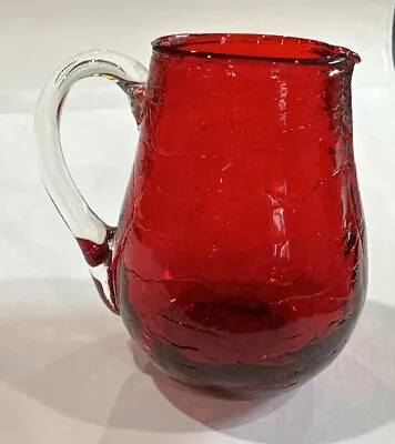 Buy Antique Crackle Glass Pitcher Vase Red With Clear Handle 4 Inch • 11.42£
