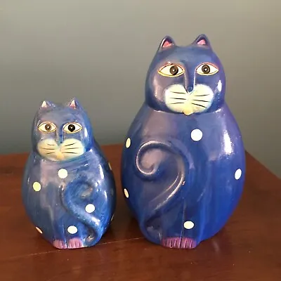 Buy Pair Of Cat Ornaments Blue With White Spots Pottery 12cm 17cm Hand Painted • 10.49£