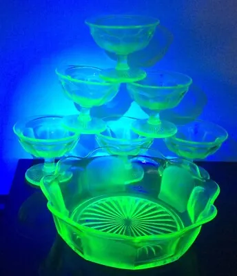 Buy Stunning Uranium Dessert Set Green Art Deco Glass Sherbert Trifle Vintage • 54£
