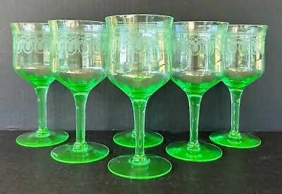 Buy Green Depression Glass Morgantown Needle Etched 329 (6) Water Goblets 6 3/4” • 141.48£