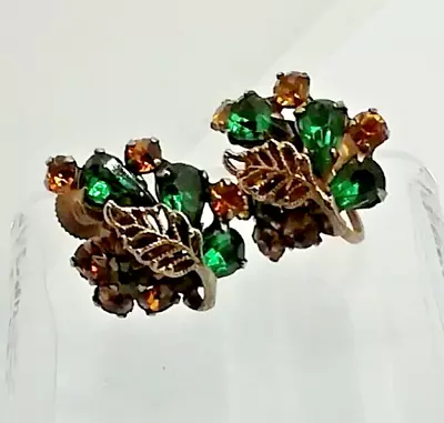 Buy Green & Amber Czech Glass Stone Screw Back Antique Earrings • 14.99£