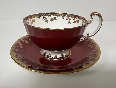 Buy Vintage Aynsley Red Burgundy Tea Cup & Saucer England Gold Copper Leaves Footed • 29.34£