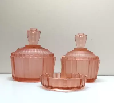 Buy Three Czechoslovakia Pink Frosted Art Deco Lidded Depression Glass Trinket Pots • 0.99£