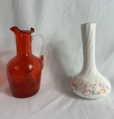 Buy Red Crackle Glass Pitcher & Cream Bone China Bud Vase 5” H • 15.25£