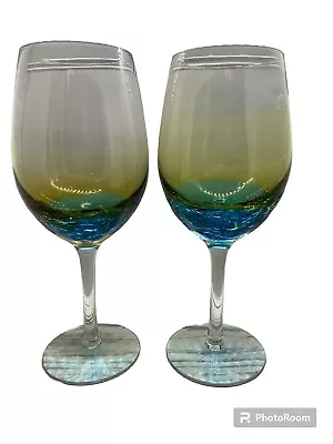 Buy 2 Pier 1 Imports Hand Blown Teal Blue Gold  Crackled 16oz  Wine Glasses Stemware • 47.31£