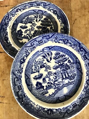Buy Pair Antique Blue & White Transfer Ware Willow Plates, Early 19th, 7.5” • 19.95£