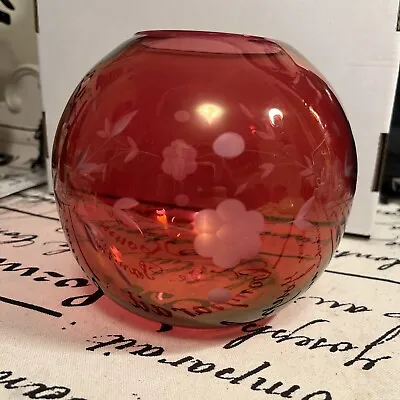 Buy Etched Cranberry Glass Globe Vase Rose Bowl Vintage Floral • 24.94£