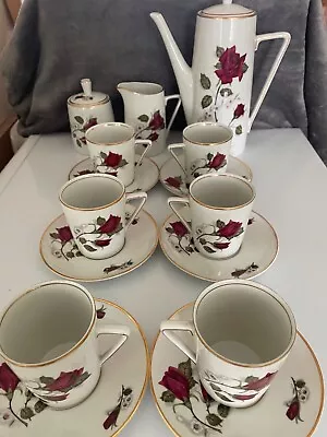 Buy Vintage (1957) Walbrzych 'Red Rose Design' Fine Porcelain China Coffee Set - NEW • 65£