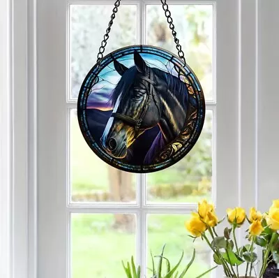 Buy Stained Glass Effect Perspex Window Hanging Suncatcher Black Horse Ideal Gift • 13£