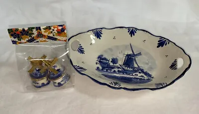 Buy Vintage Delftware Delft Crown  Holland Windmill Trinket Dish And S & P Shakers • 14.20£