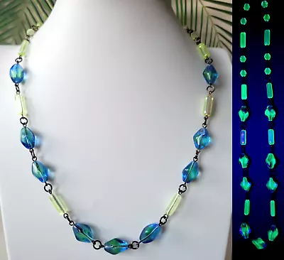 Buy Vaseline Glass Necklace Uranium Blue Czech Glass Vintage Beads Art Deco Style • 45.79£