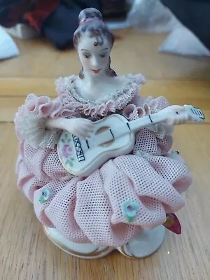 Buy Irish Dresden Figure Of A Lady Playing A Guitar Hanpainted And Painted Backstamp • 29.99£