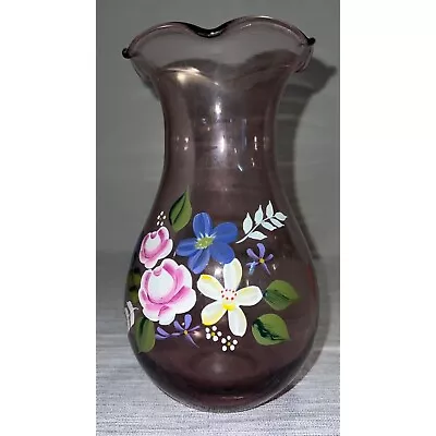 Buy Fenton Glass Purple Vase Hand Painted Flowers Teleflora 8  Ruffled Top • 19.20£