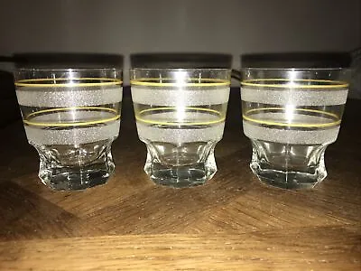 Buy Vintage Set 3 White Sugar Frosted Yellow Banded Tumblers Drinking Glasses 50s • 8.50£