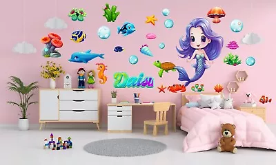 Buy 3D Mermaid Personalised Wall Stickers Set Nursery Kids Girl Room Wall Decals MS3 • 17.50£