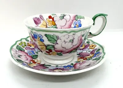 Buy Crown Staffordshire Fine Bone China Tea Cup Saucer #15227 Floral Green Rim • 13.59£