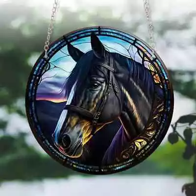 Buy Black Horse Design Suncatcher Stained Glass Effect Home Decor Christmas Gift • 6.95£
