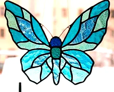 Buy Turquoise Aqua Blues Detailed OCEAN BUTTERFLY Authentic Stained Glass SUNCATCHER • 63.24£