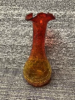 Buy Vintage Amberina Red-Orange Crackle Cadmium, Glass Vase Ruffled Edge Hand Blown • 15.38£