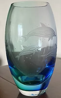 Buy Vintage 7.75” Caithness Etched Art Glass Seascape Dolphin Vase Scotland. • 22£