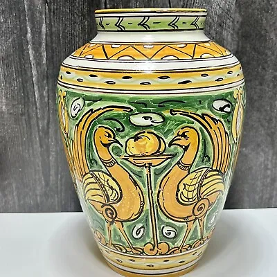 Buy Vintage Italian Pottery Vase Majolica Hand Painted Phoenix Birds Gold Green  • 60.09£