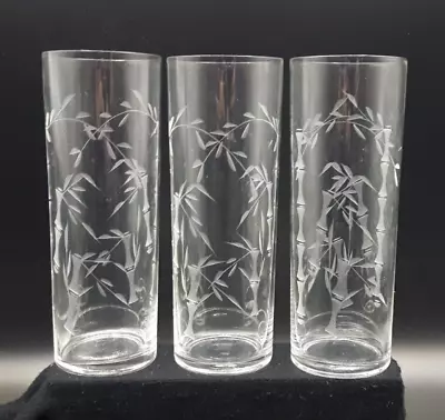 Buy 3x 16.5cm Highball Glasses - Cut & Etched Bamboo Pattern - Vintage • 12£