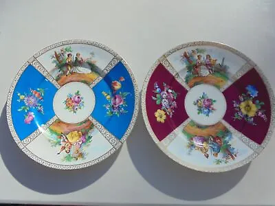 Buy Pair Vintage Dresden Saxony Crown Mark Quatrefoil Watteau HP Dinner Plates 9 5/8 • 57.62£