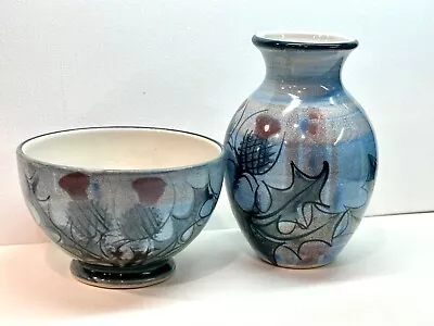 Buy Tain Thistle Scottish Pottery Vase &  Bowl Set Green Blue Scotland • 75.69£