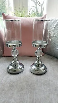 Buy 2 Large Glass Silver Crystal Effect Chrome Candle Holder   • 19.99£