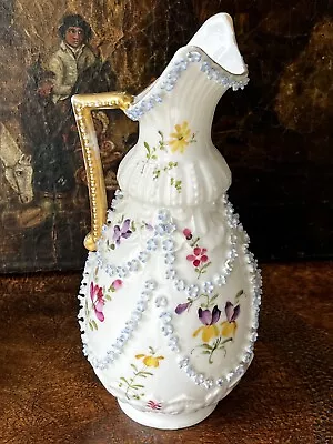 Buy Belleek Style Porcelain Ewer With Hand Painted Flowers, Floral Appliqué C. 1880 • 35£