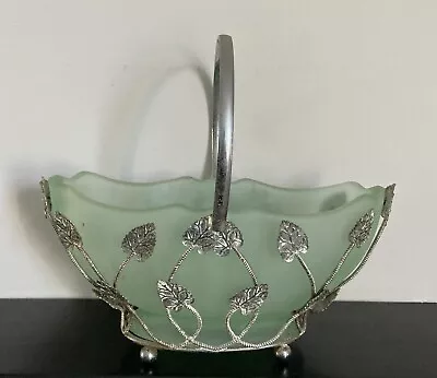 Buy Antique Art Deco Bagley Green Glass Evesham Posy Basket With Metal Stand • 8.90£
