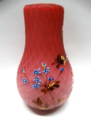 Buy Antique Victorian Diamond Quilted Pink Satin Vase Hand Painted Floral Design 254 • 431.57£