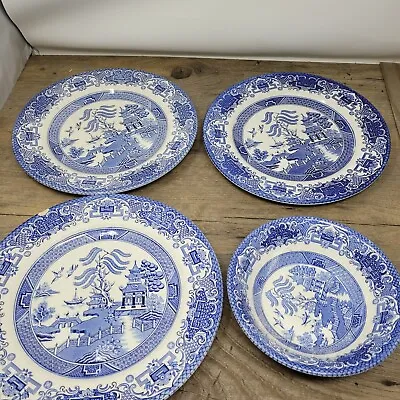Buy Set Of 4 English Ironstone Tableware Willow Pattern Bowl X1 Big Plates X3 • 24.99£