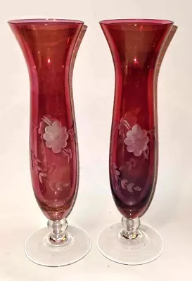 Buy Pair Cranberry Etched Glass Bud Vases Clear Glass Pedestal Base 9  • 22.99£