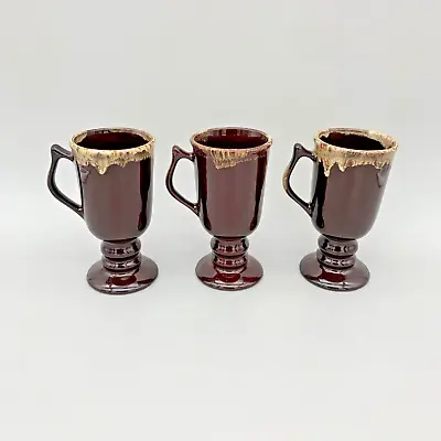 Buy 3 Irish Coffee Mugs Hall Pottery Pedestal Brown Drip Glazed 1273 VTG USA Retro • 31.22£