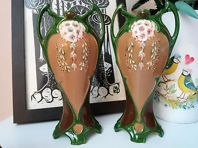 Buy Art Nouveau Vases Eichwald Pottery Green Glazed Flower Pair, Maximalist Decor • 99£