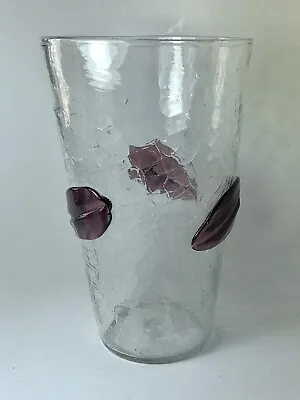 Buy Vintage 10-3/8” Blenko Crackle Glass Vase Applied Amethyst Leaves • 62.73£