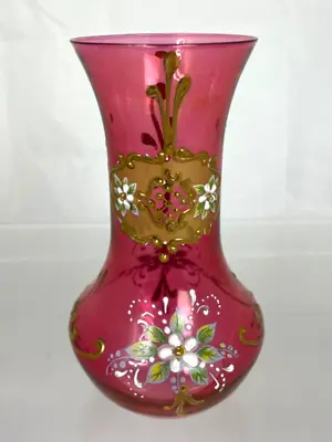 Buy Victorian Cranberry Glass Small Vase With Hand Painted Flowers (D2) • 15£