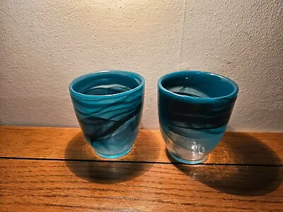 Buy Vintage Pair Of Teal Swirl Hand Blown Art Glass Votive Candle Holders • 28.81£