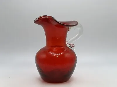 Buy Ruby Red Crackle Glass Bud Vase Cream Pitcher Clear Crest Applied Handle • 15.42£