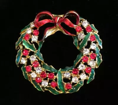 Buy Vintage Christmas Brooch Brilliant Rhinestone & Enamel Wreath Multi-Color! • 18.56£